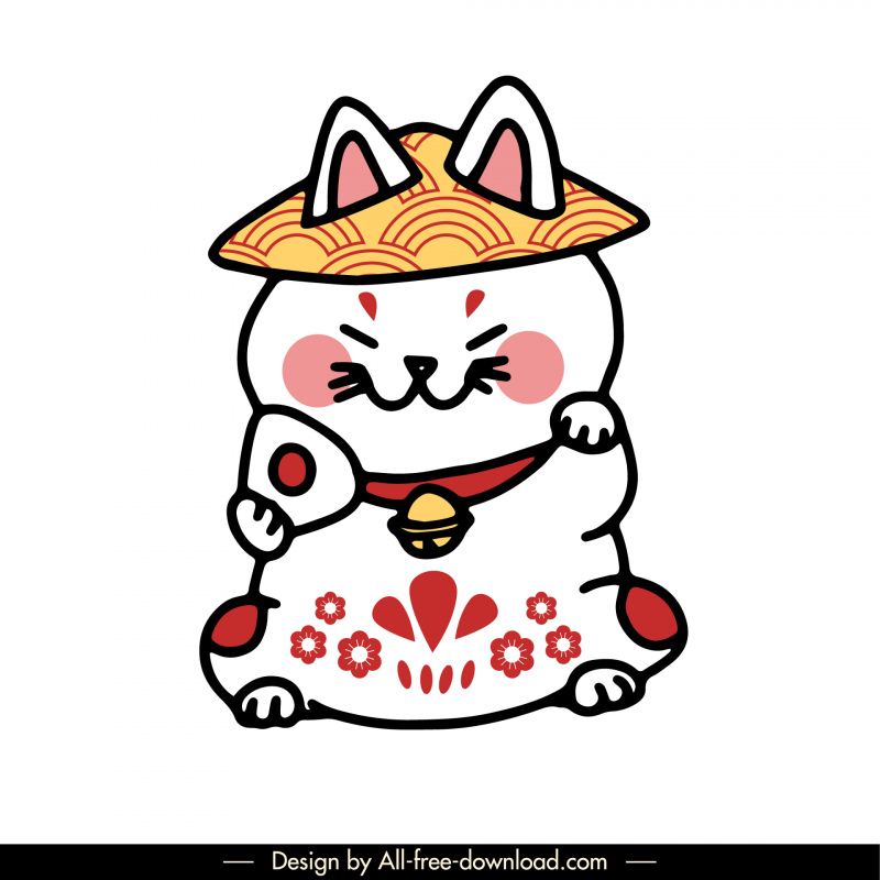 maneki neko cat icon flat cute handdrawn cartoon sketch