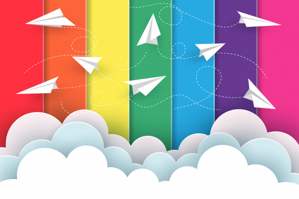many white paper planes fly on the background rainbow colorful while flying above a cloud creative idea illustration cartoon vector
