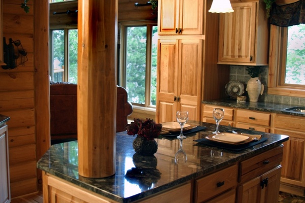 marble countertop log home kitchen