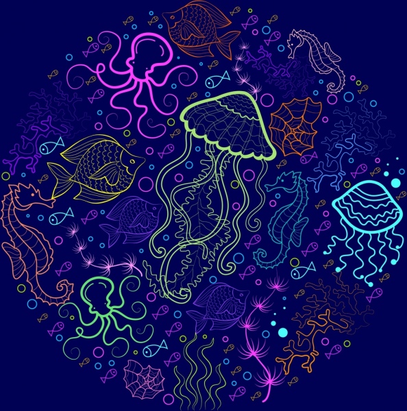 marine creatures background colorful sketch