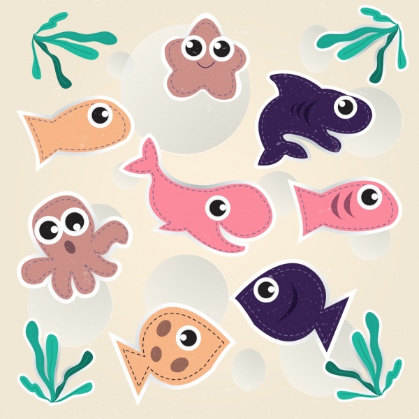 marine creatures background multicolored paper cut icons