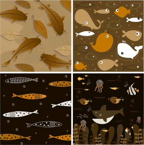 marine creatures background sets dark black brown design