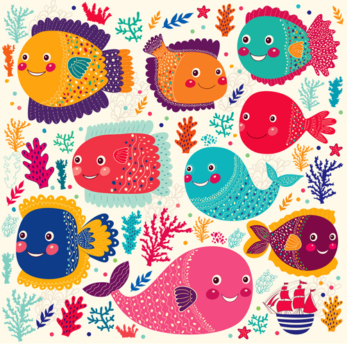 marine elements and fish floral background vector
