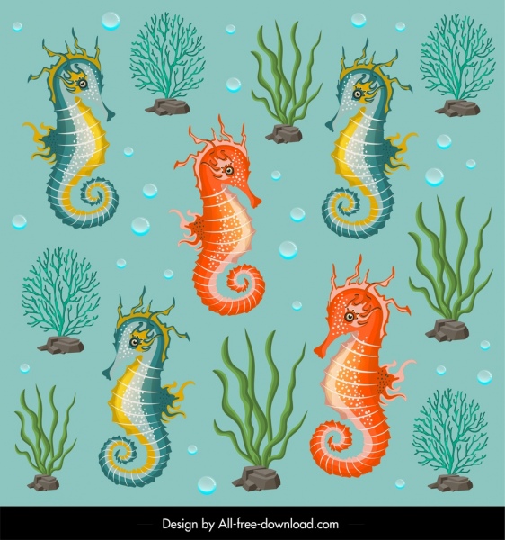 marine pattern template seahorses coral icons decor