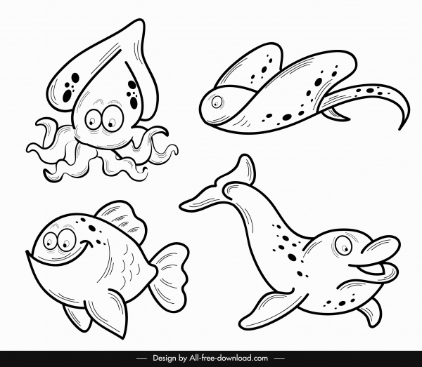 marine species icons black white handdrawn cartoon sketch