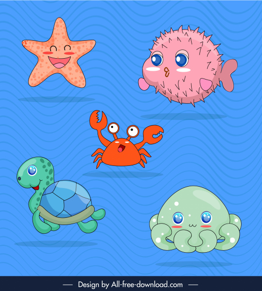 marine species icons cute cartoon sketch