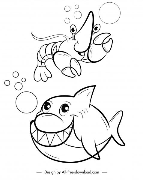marine species icons funny cartoon character handdrawn sketch