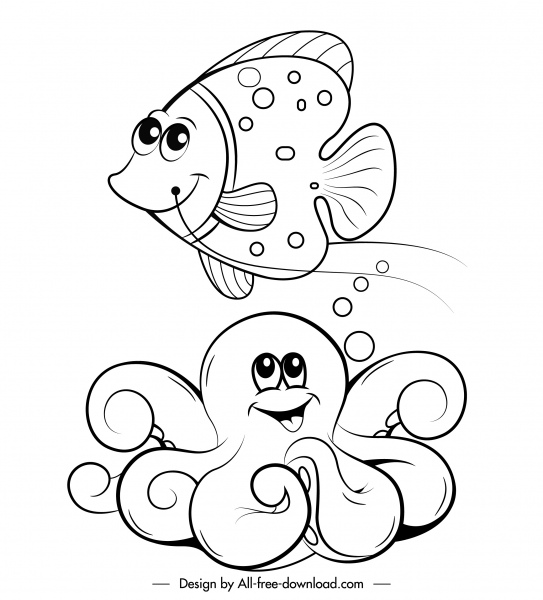 marine species icons stylized cartoon character handdrawn sketch