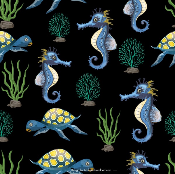 marine species pattern seahorse tortoise coral icons decor