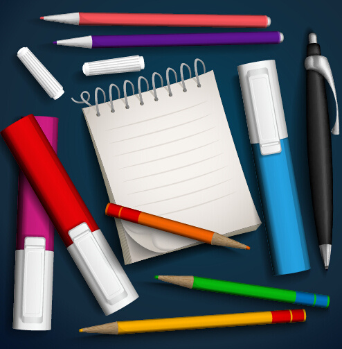 marker pencils pen and notebook vector