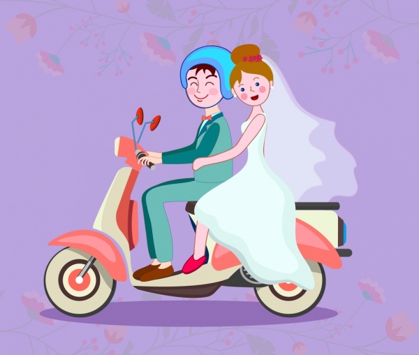 marriage background couple riding scooter retro design
