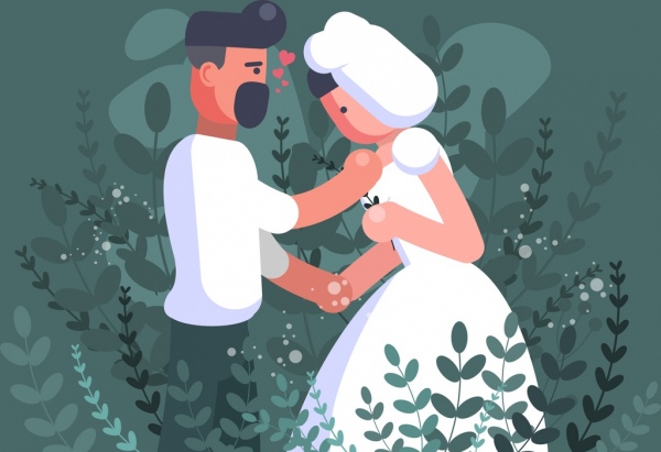 marriage couple painting colored cartoon design
