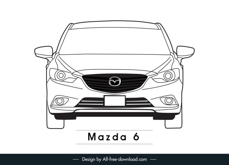 mazda 6 car advertising poster symmetric front view outline flat black white handdrawn design 