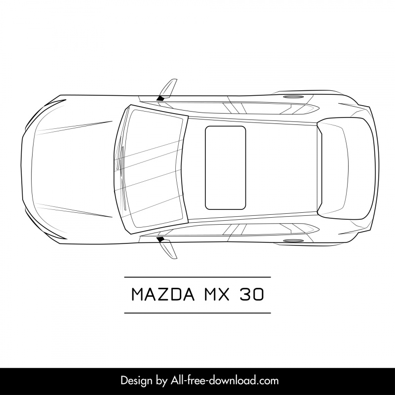 mazda mx 30 car model icon flat black white handdrawn symmetric top view sketch