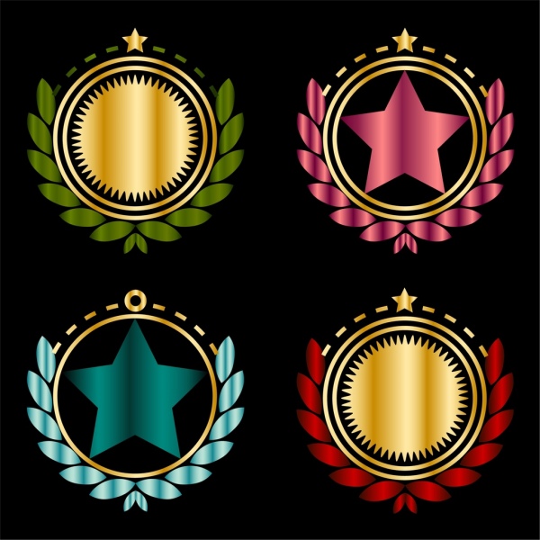 medal icons sets various colorful shiny shapes isolation