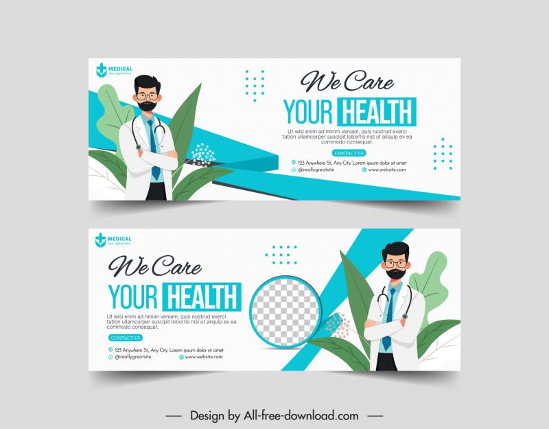 medical banner template cartoon doctor leaves checkered 