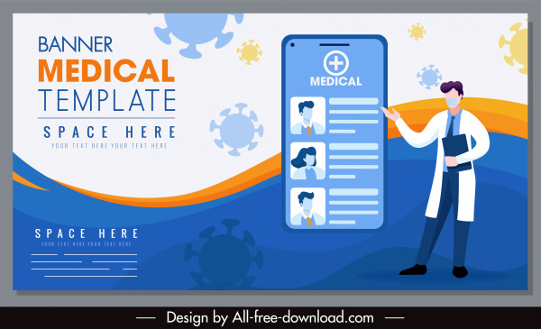 medical banner template smartphone viruses doctor sketch