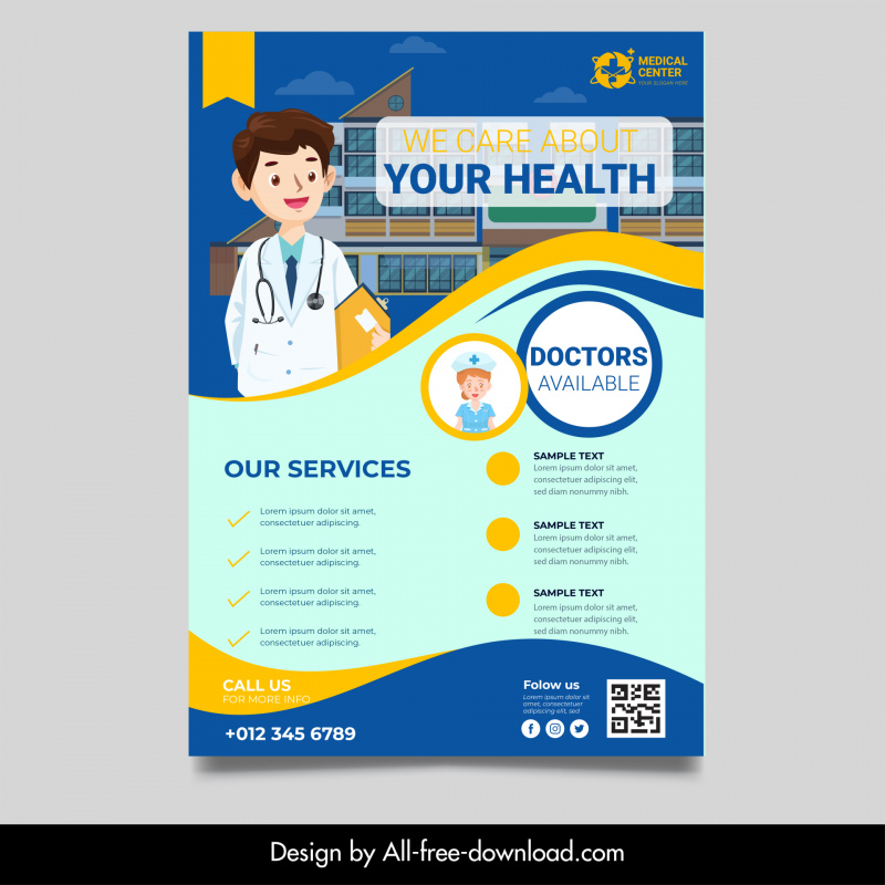 medical service flyer template cute cartoon male doctor curves sketch