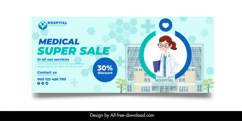 medical services sale banner template cute cartoon design doctor building sketch