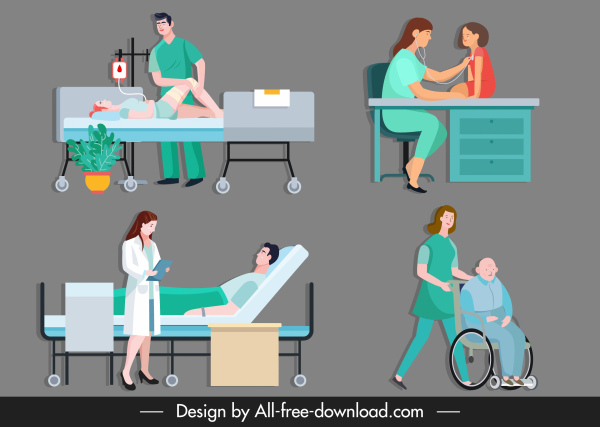 medical work icons doctor patient sketch cartoon characters