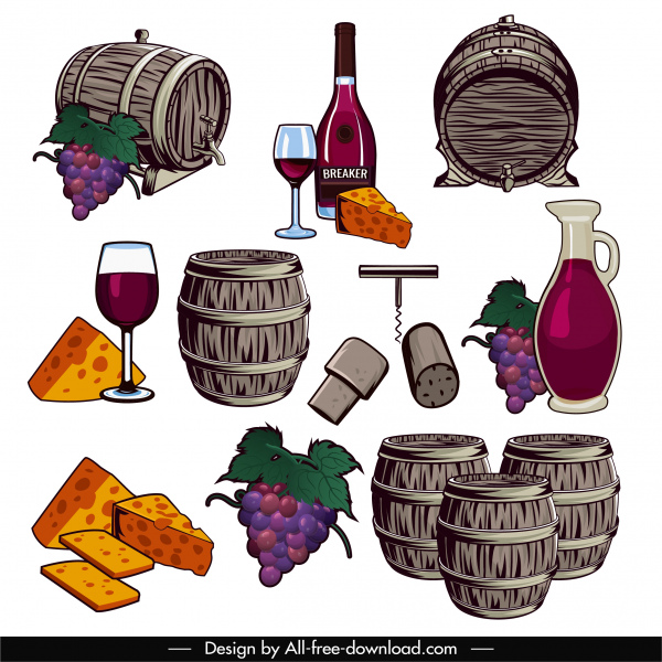 menu design elements retro barrel grape wine sketch