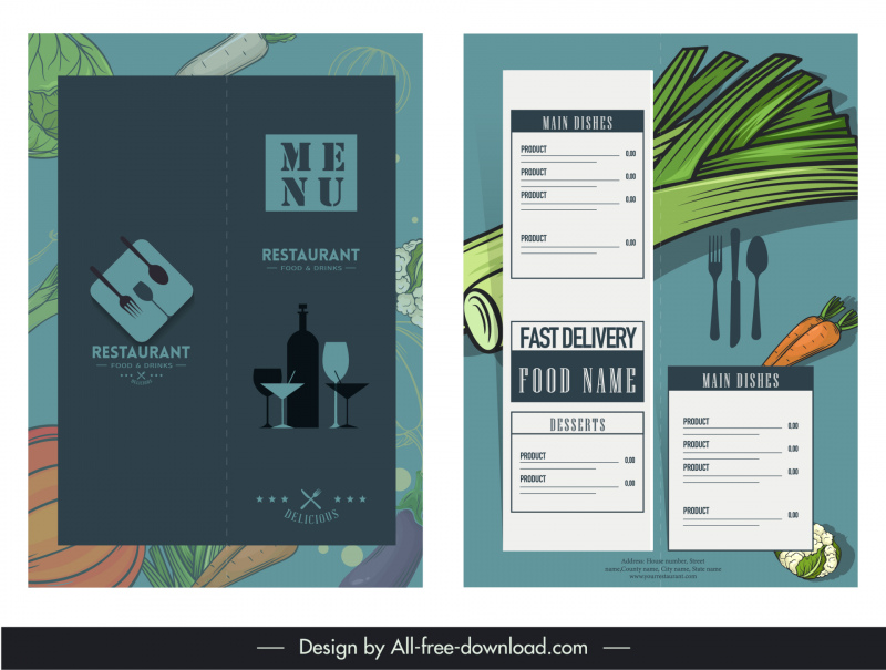 menu restaurant template flat classical dark design ingredient foods tableware sketch