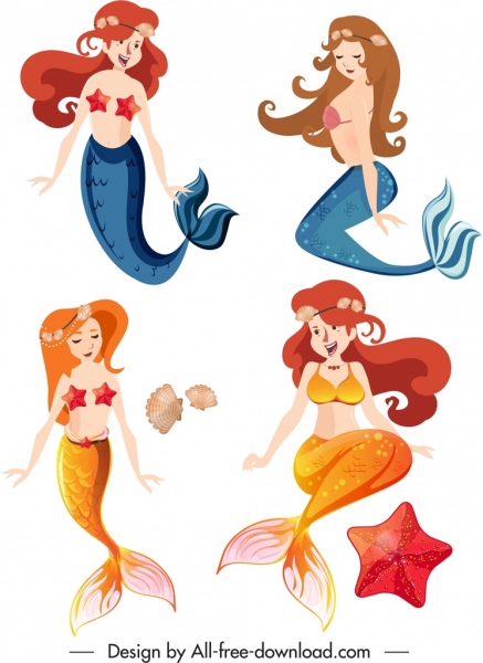 mermaid icons colored cartoon characters sketch