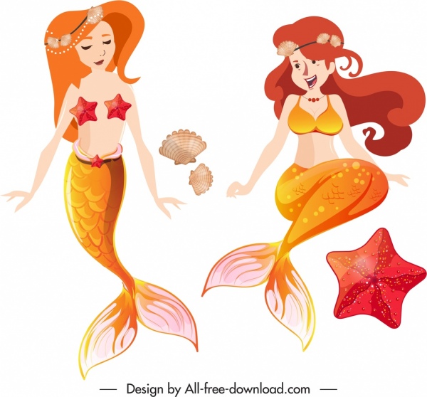 mermaid icons cute girls sketch cartoon characters design