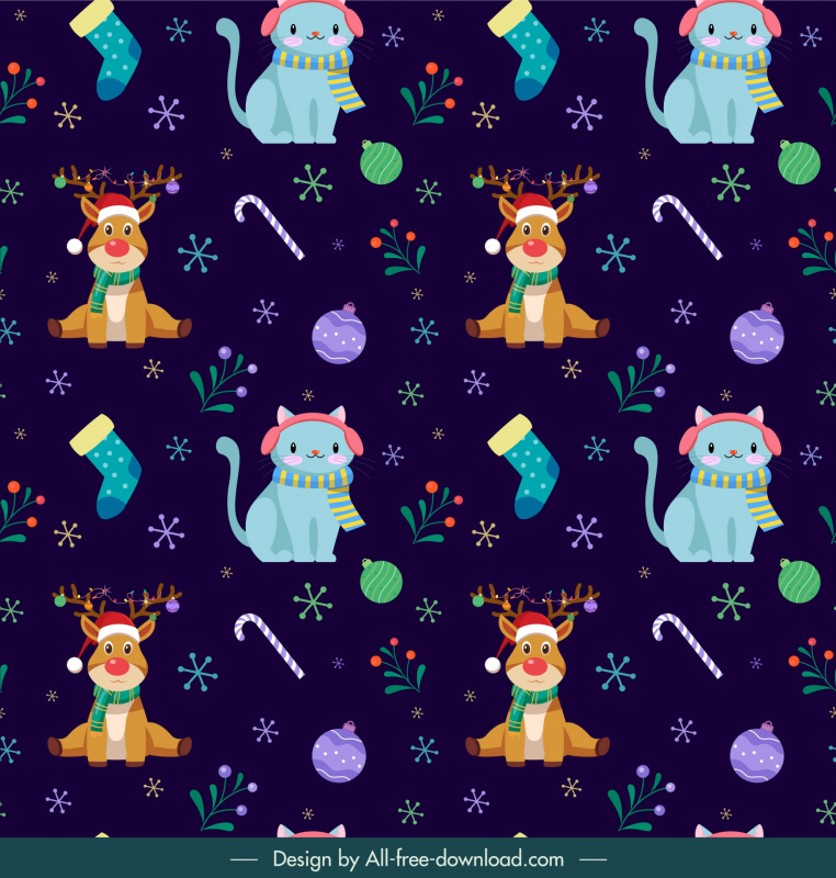 merry christmas  pattern template cute cat reindeer xmas elements repeating 