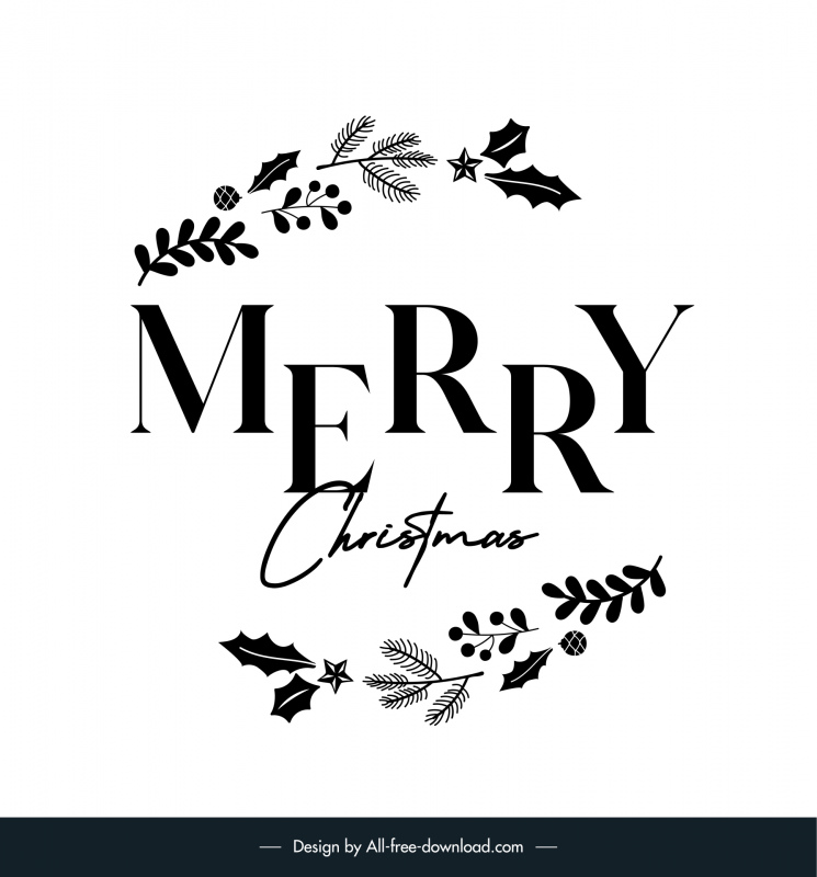 merry christmas typography design elements flat black white texts leaves decor