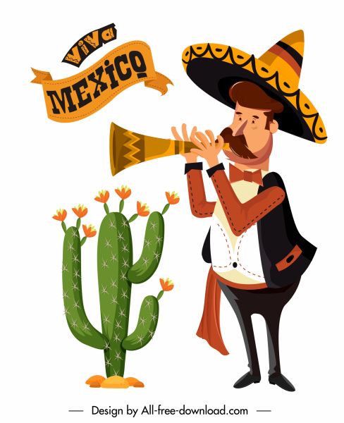 mexican design elements cacti festive man sketch