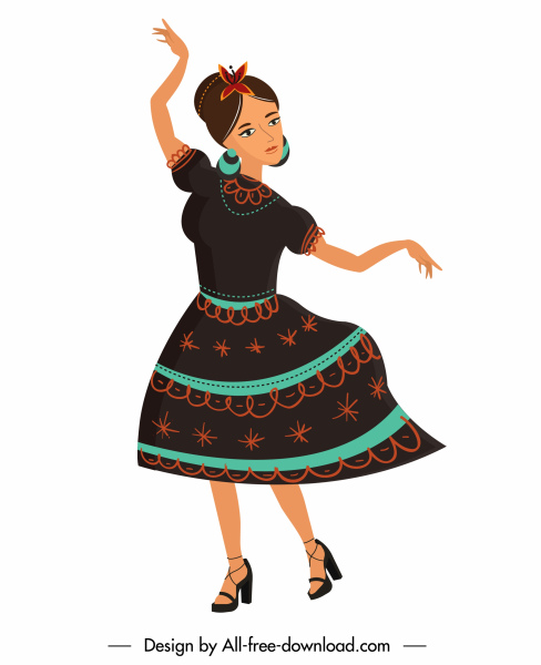 mexican woman icon traditional costume dancing cartoon sketch