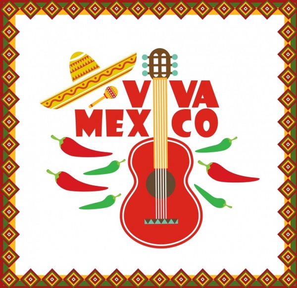 mexico banner classical flat design guitar chili icons