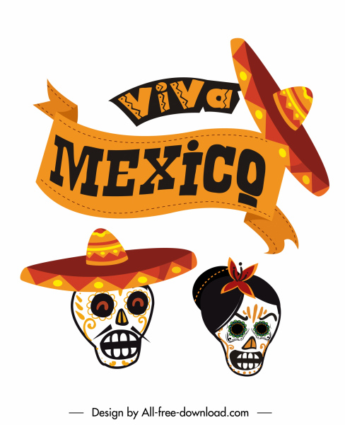mexico festive design elements mask sombrero ribbon sketch