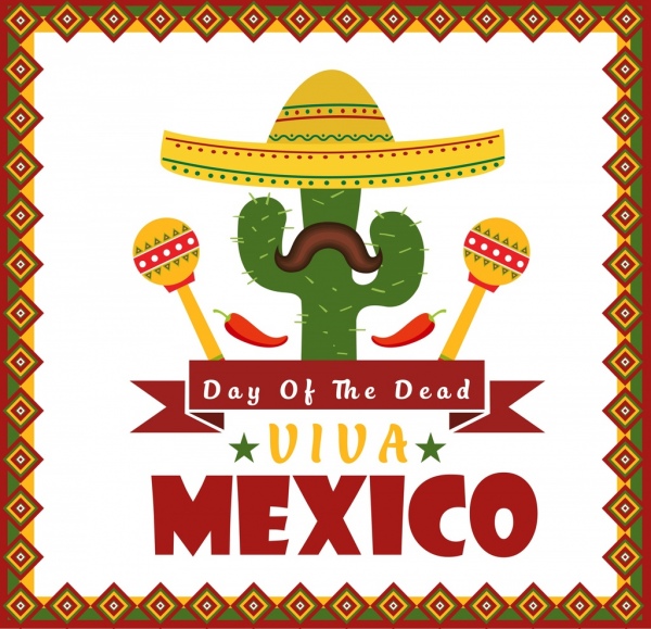 mexico poster cactus sombrero moustache chili icons decor