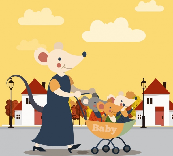 mice family painting mother kids stroller icons decor