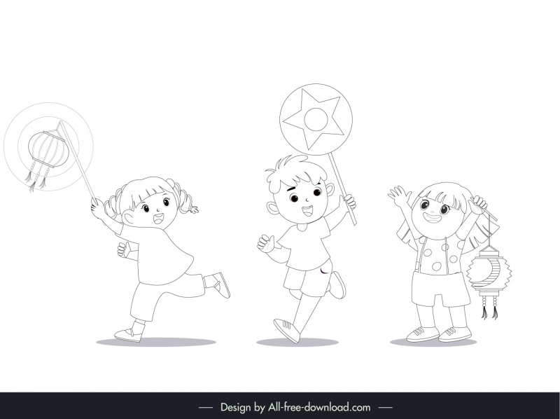 mid autumn design elements handdrawn childrens in different action outline