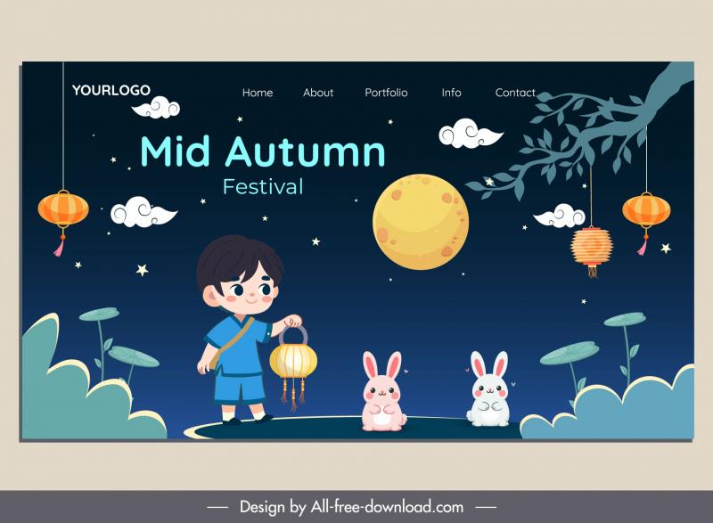 mid autumn landing page template cute boy rabbit moonlight 