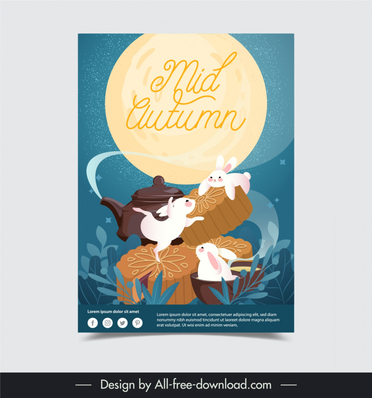 mid autumn poster template cute dynamic rabbit moon cake teapot