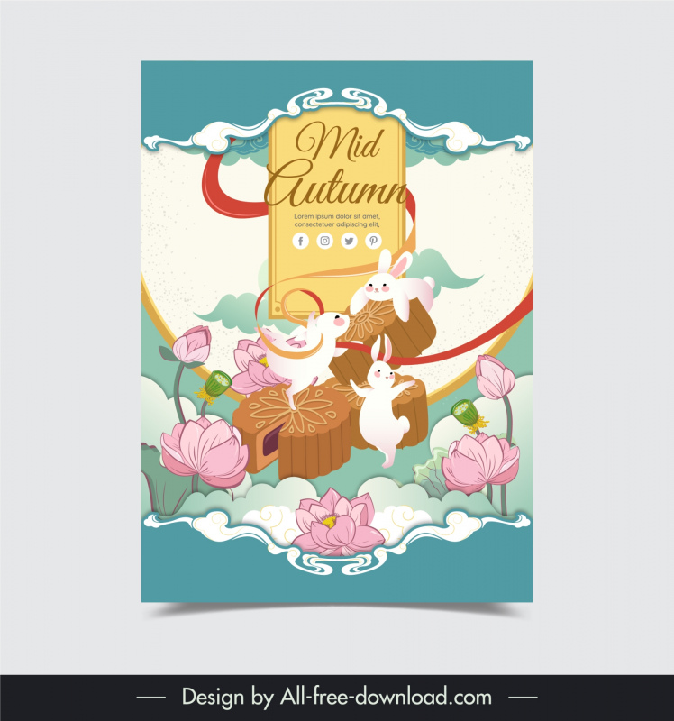 mid autumn poster template cute dynamic rabbits lotus