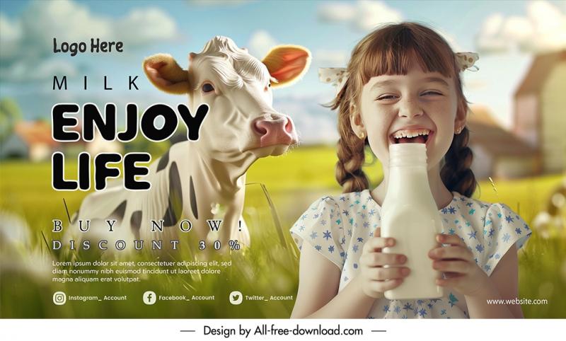 milk banner template dynamic cute smiling girl cow  