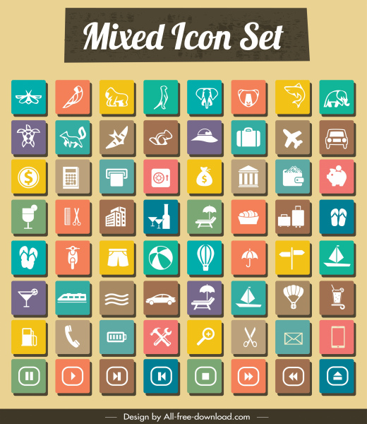 mixed icons collection colorful square isolation