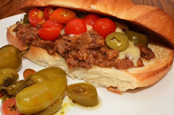 mmm ground beef and cheese with pickled peppers and cherry tomatoes