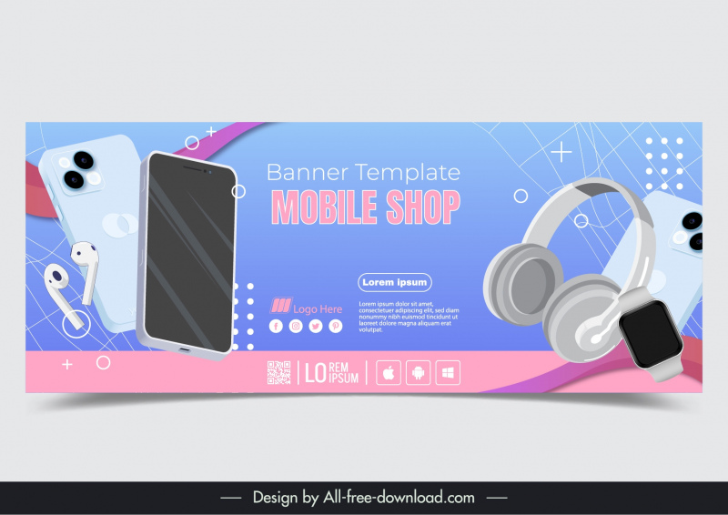 Mobile Shop Banner Template Modern Smart Devices Elements Vectors 