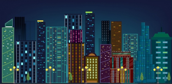 modern city drawing multicolored high building icons