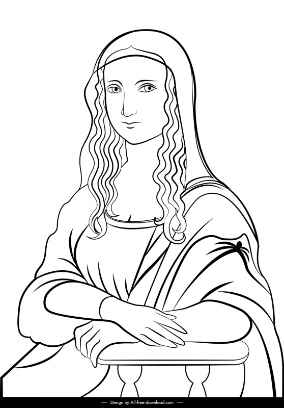 monalisa portrait icon black white handdrawn outline 
