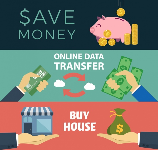 money conceptual banner savings transfer trading icons