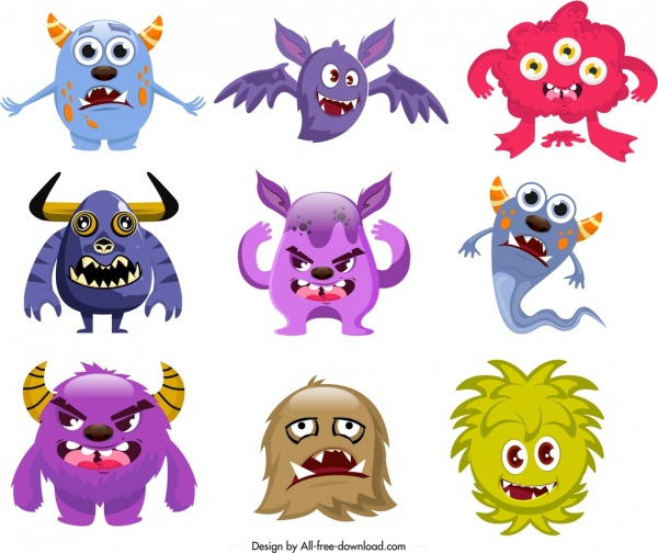 monster icons collection funny cartoon characters sketch