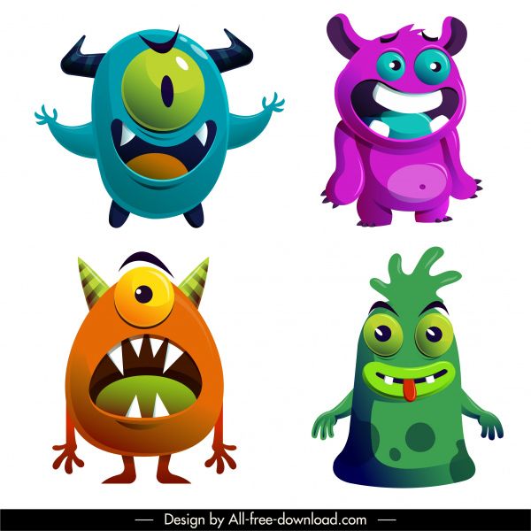 monster icons funny design colorful cartoon characters sketch