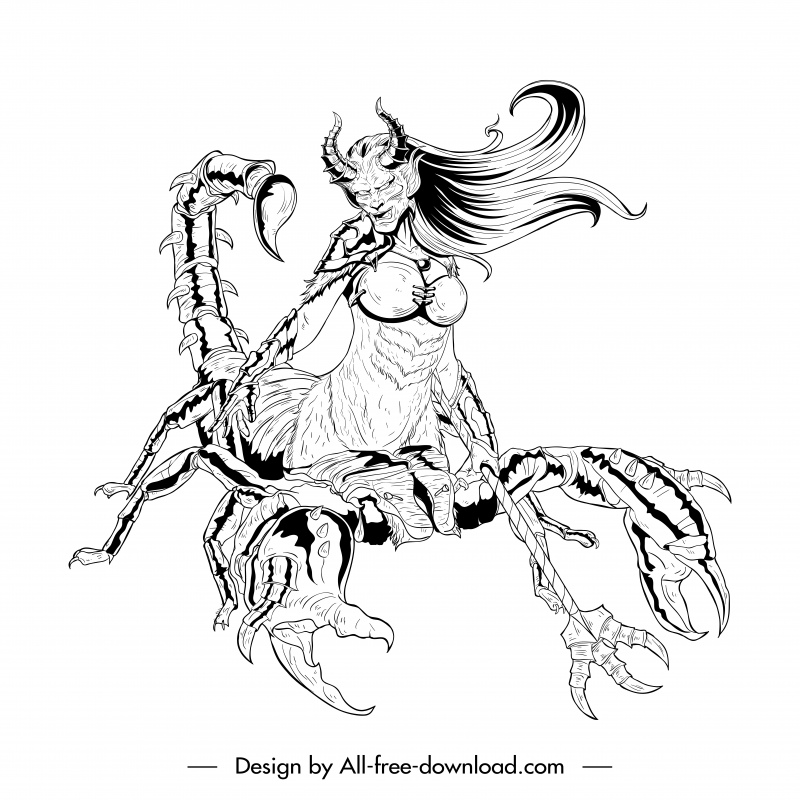monster series scorpio icon black whit handdrawn cartoon sketch